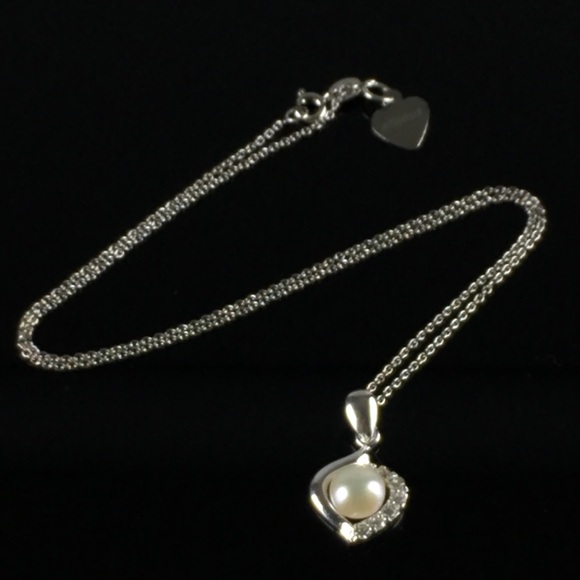925 Silver Necklace Pearl & CZ Crystal Rhinestone - Picture 1 of 8